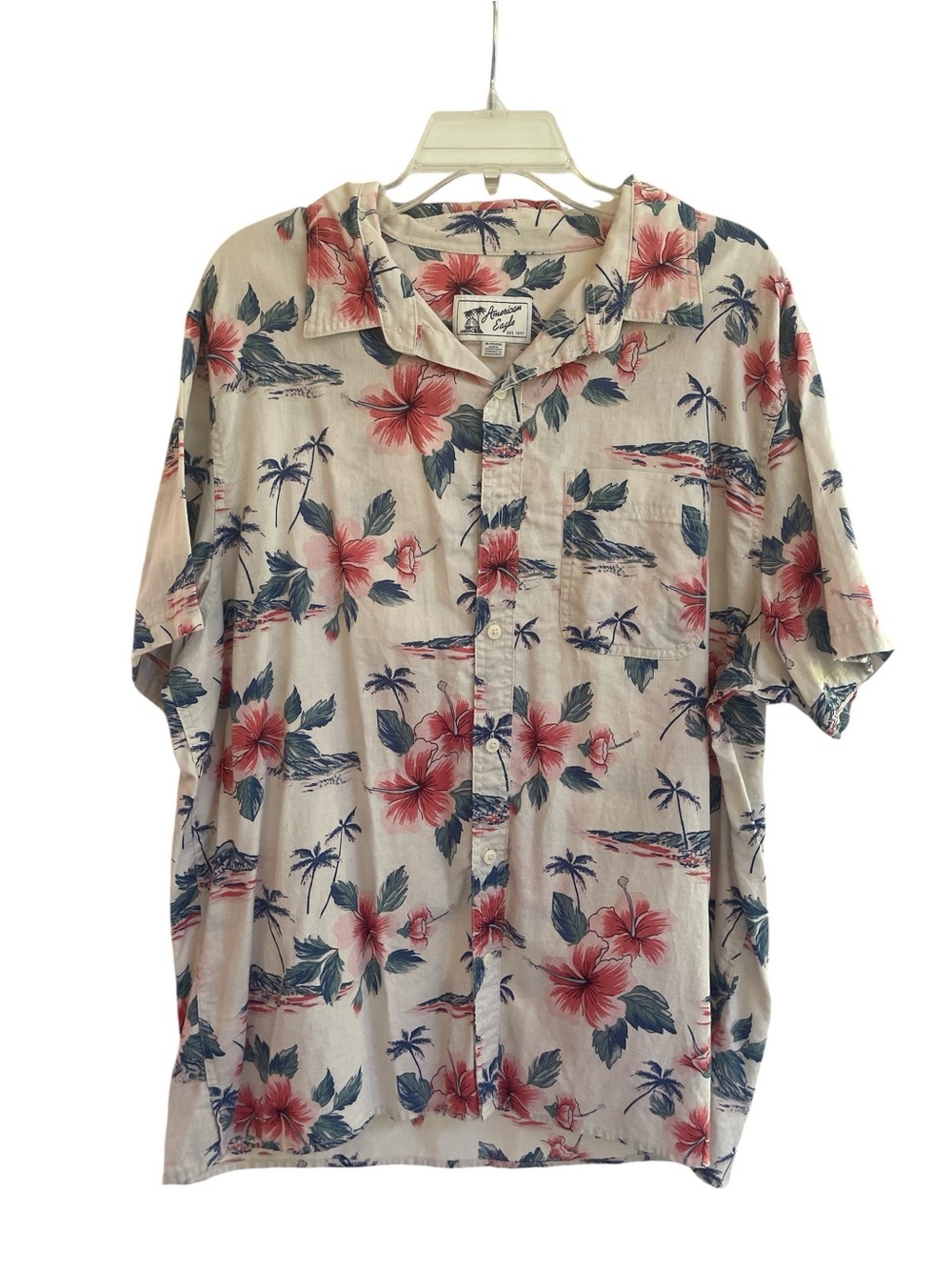 American Eagle Hawaiian Button Down Shirt XL Linen Cotton Tropical Beach Summer